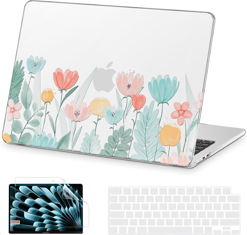 AKIT Compatible with MacBook Air 13 inch Case 2026 2025 2024-2022 M4 M3 M2 A3240 A3113 A2681, Pattern Hard Shell Laptop Case+Screen Protector+Keyboard Cover for MacBook Air 13.6 inch, SimpleFlowers - Image 1